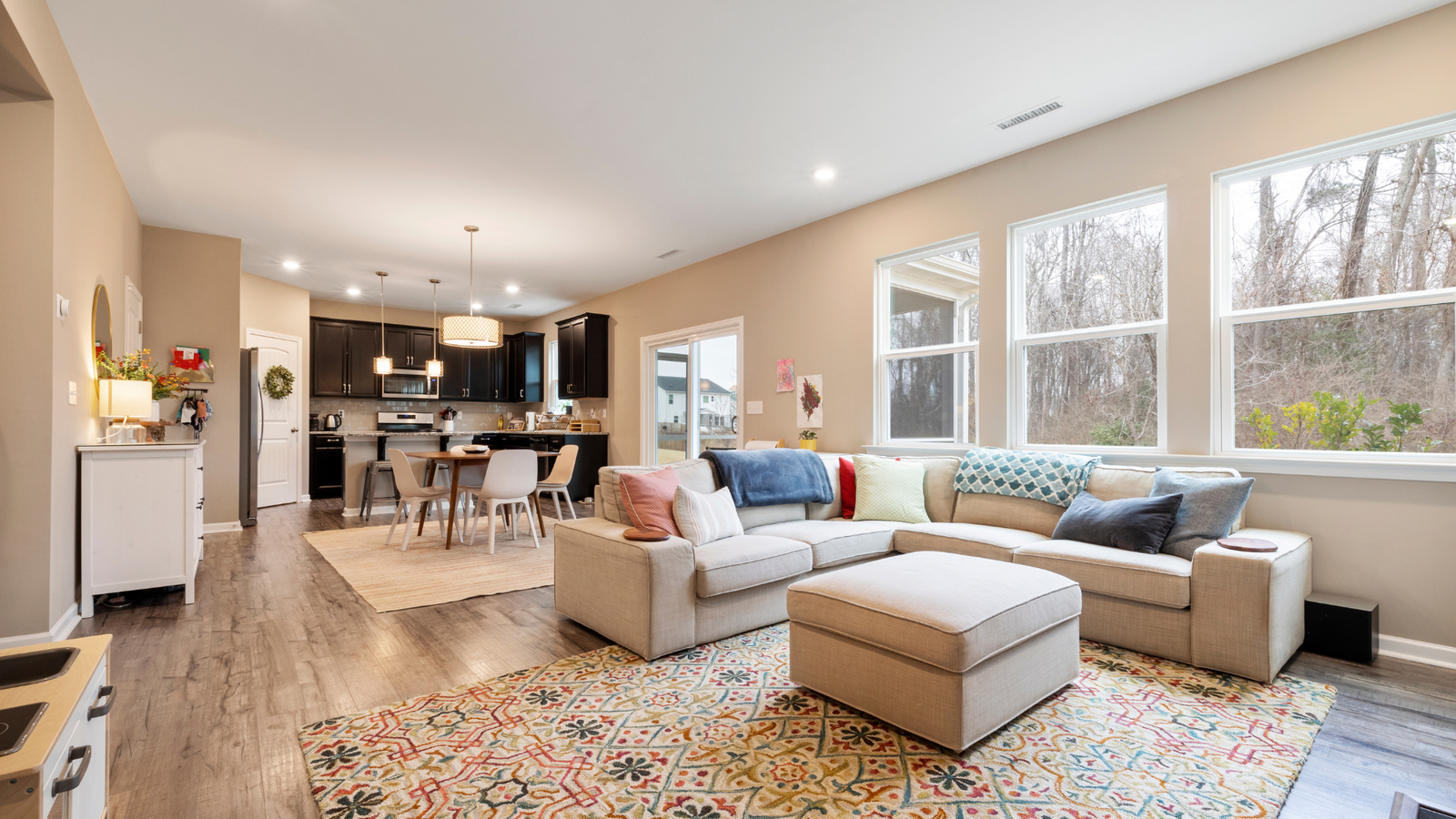 Bright open living and dining room