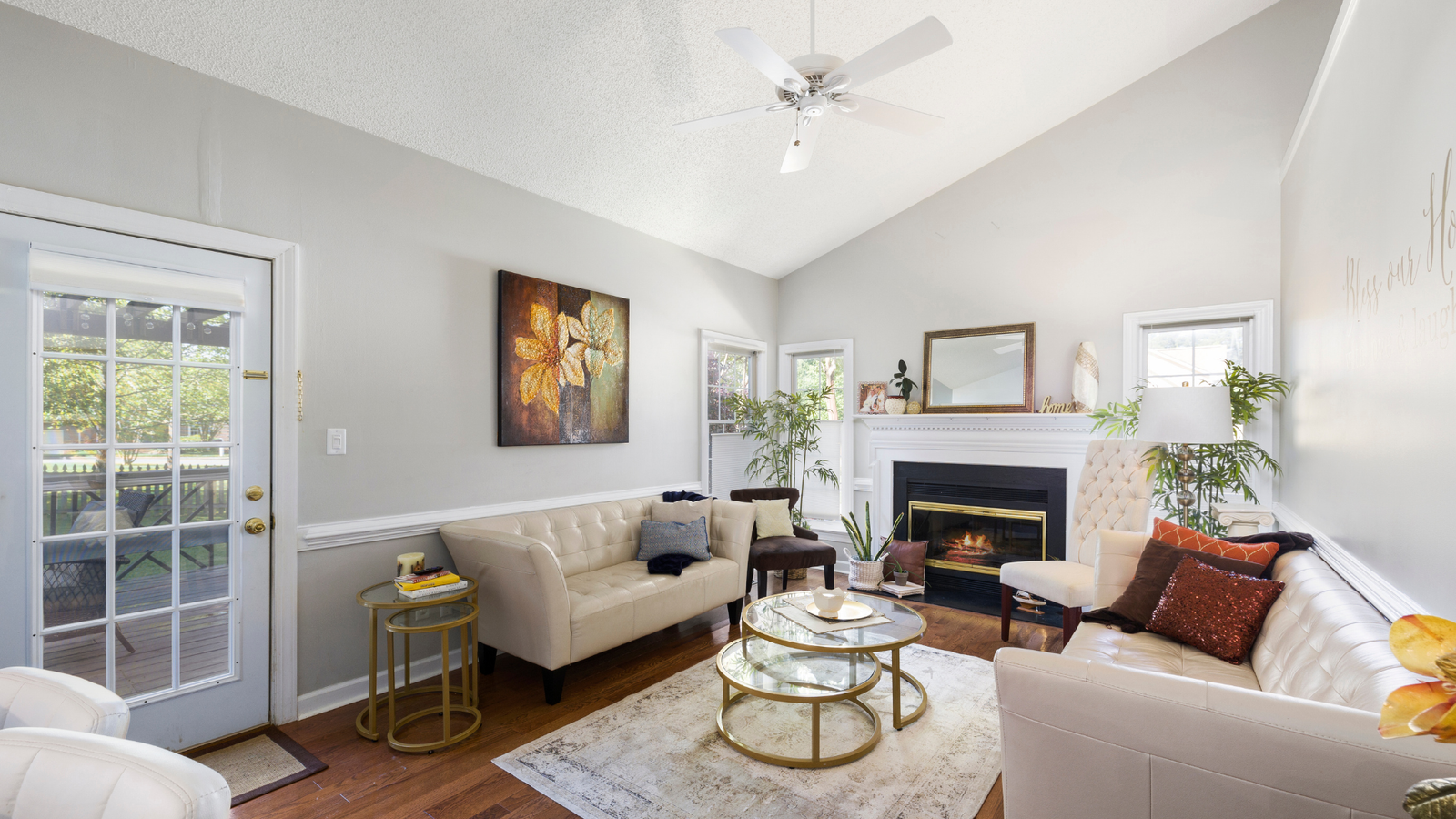 Living room cream sofa and fireplace