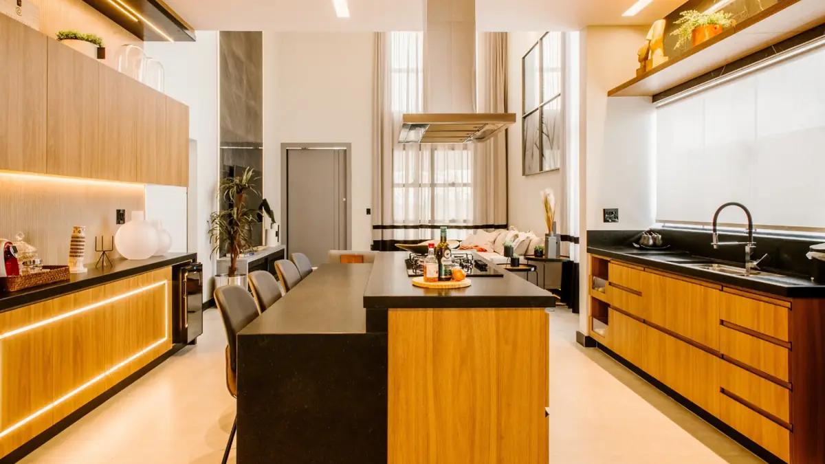Modern kitchen with wood cabinets