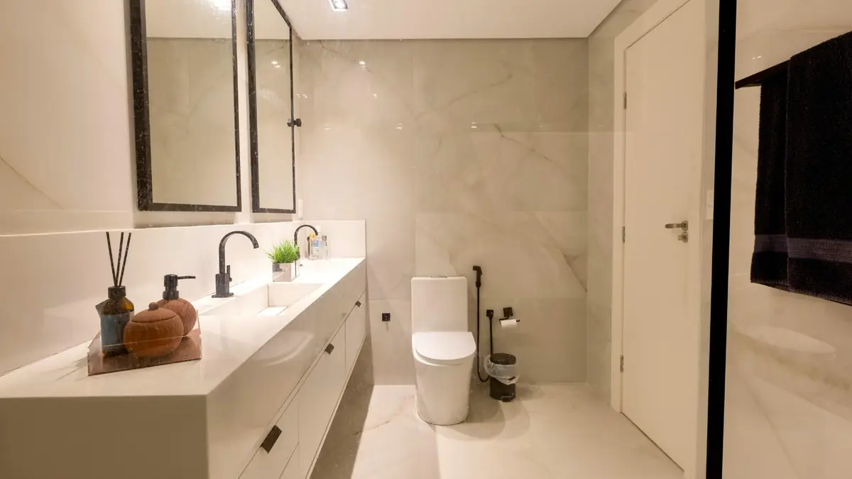 Bathroom vanity with black fixtures