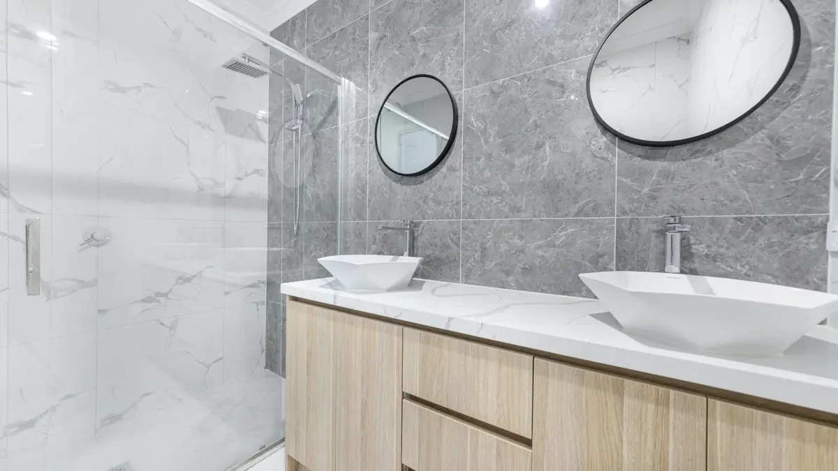 Grey marble double sink bathroom